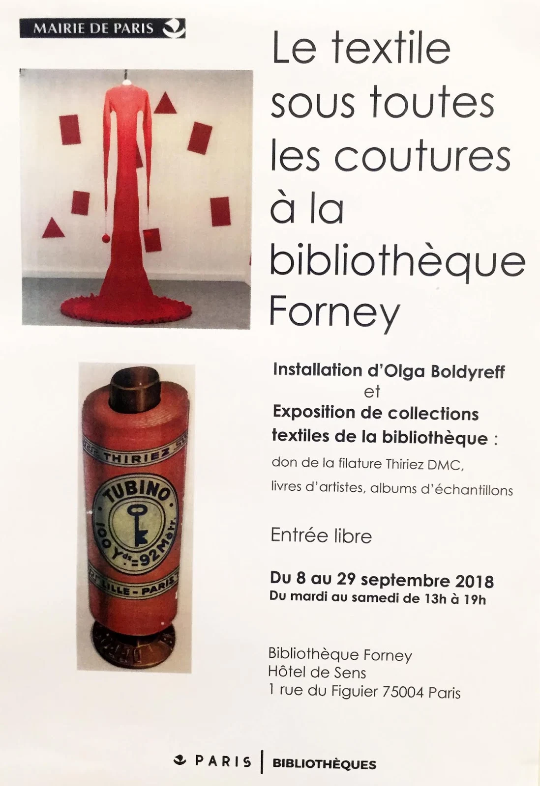 Affiche Le textile sous toutes les coutures, exposition à la bibliothèque Forney du 8 au 29 septembre 2018, mentionnant le don Thiriez DMC